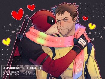 2boys beard black_gloves blush bodysuit brown_hair commentary_request couple deadpool deadpool_&amp;_wolverine deadpool_(series) facial_hair gloves heart light_smile male_focus marvel mask mask_lift multicolored_bodysuit multiple_boys muscular muscular_male red_bodysuit red_mask scar scarf scars_all_over shared_clothes shared_scarf sherlock7akane short_hair smile star_(symbol) superhero_costume sword sword_on_back too_many two-tone_bodysuit weapon weapon_on_back wolverine_(x-men) x-men yaoi yellow_bodysuit