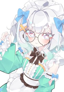 1girl absurdres aqua_dress aqua_sleeves berrychan00 black-framed_eyewear blue_eyes blush densetsu.exe dress glasses gradient_hair green_eyes green_hair hair_ornament highres looking_at_viewer mint_fantome mint_fantome_(minto_2.0) multicolored_hair solo teardrop-framed_glasses x_hair_ornament