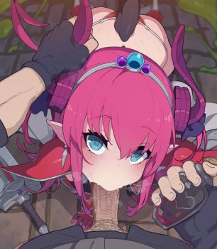 1boy 1girl @_@ all_fours armor armored_boots ass belt bikini_armor black_gloves black_jacket black_thighhighs blue_eyes blush boots bottle breasts cape commentary_request curled_horns dragon_girl dragon_horns dragon_tail drugged earrings elbow_gloves elizabeth_bathory_(brave)_(fate) elizabeth_bathory_(fate) erection fate/grand_order fate_(series) fellatio fingerless_gloves fujimaru_ritsuka_(male) fujimaru_ritsuka_(male)_(polar_chaldea_uniform) gauntlets gloves hairband hetero highres horn_grab horns jacket jewelry kakure_eria long_hair looking_at_viewer oral pauldrons penis pink_hair pointy_ears polar_chaldea_uniform pov red_armor revision shield short_sleeves shoulder_armor slime_(substance) small_breasts sword tail thighhighs uncensored weapon white_cape