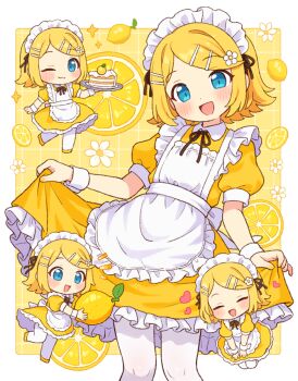 1girl apron blonde_hair blue_eyes chibi dress flower food frilled_dress frills fruit hair_ornament hairclip holding kagamine_rin lemon maid maid_apron maid_headdress multiple_views one_eye_closed onyhakase open_mouth short_sleeves skirt_hold smile vocaloid