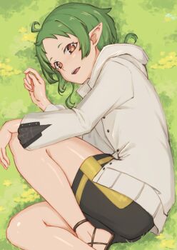 1girl ahoge black_shorts commentary_request elf feet_out_of_frame green_hair highres jacket knees_up kurogoma183 long_hair long_sleeves looking_at_viewer lying mushoku_tensei on_grass on_ground on_side open_mouth orange_eyes outdoors pointy_ears shoes short_hair_with_long_locks shorts smile sylphiette_(mushoku_tensei) white_jacket