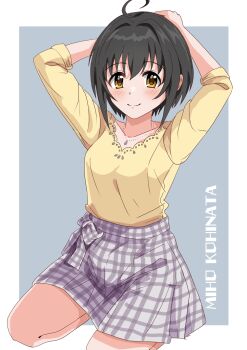 1girl ahoge arms_up black_hair blush border character_name choppy_bangs closed_mouth commentary_request full_body gingham_clothes gingham_skirt grey_background grey_skirt highres idolmaster idolmaster_cinderella_girls illustscody indoors kneeling kohinata_miho looking_at_viewer outside_border shirt shirt_tucked_in short_hair sidelocks simple_background skirt smile solo three-quarter_sleeves white_border yellow_shirt