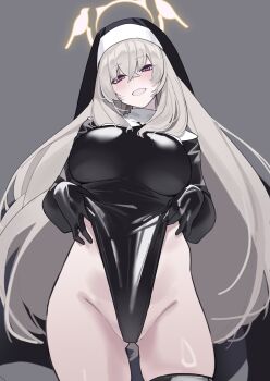 1girl absurdres black_leotard black_thighhighs blue_archive blush bodysuit bodysuit_pull breasts coif cowboy_shot denpatou female_pervert grey_background grin groin hair_between_eyes halo highres large_breasts latex latex_bodysuit latex_legwear latex_leotard leotard light_brown_hair long_hair nun pervert purple_eyes sakurako_(blue_archive) sakurako_(justina_uniform)_(blue_archive) bad_tag simple_background smile solo thighhighs thighs tilted_head yellow_halo