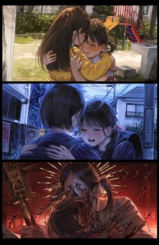 2girls absurdres aged_down backpack bag black_bag black_sailor_collar black_serafuku black_shirt blood blood_on_clothes blood_on_hands bloody_tears blush brown_eyes brown_hair chihaya_(clothing) chinese_commentary closed_eyes collared_dress commentary_request crying crying_with_eyes_open dress floral_print hair_ribbon highres holding holding_weapon hug huli_xiaobai igarashi_sakuko imminent_bite japanese_clothes long_hair long_sleeves looking_at_another miko monster_girl multiple_girls open_mouth outdoors pink_ribbon playground ribbon sailor_collar school_uniform serafuku shimizu_hinako shirt short_hair short_sleeves short_twintails silent_hill_(series) silent_hill_f slide snot tears twintails weapon white_ribbon yellow_dress