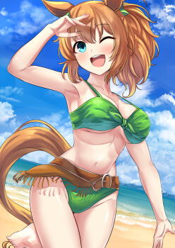 1girl ;d absurdres animal_ears armpits beach belt bikini blue_eyes blue_sky breasts brown_belt brown_hair cloud day front-tie_bikini_top front-tie_top green_bikini herohero_(higashi_no_dou) highres horse_ears horse_girl horse_tail looking_at_viewer medium_breasts medium_hair navel ocean one_eye_closed open_mouth outdoors sky smile solo standing standing_on_one_leg swimsuit taiki_shuttle_(umamusume) tail teeth third-party_source umamusume upper_teeth_only