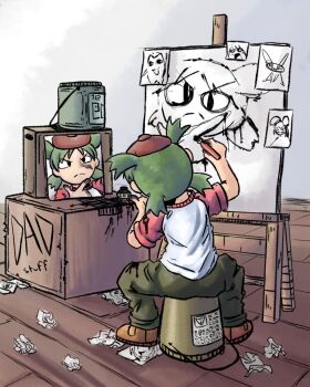 Rule 34 | 1girl, beret, box, brown shoes, bucket, canvas (object), cardboard box, commentary, crumpled paper, drawing (action), english commentary, from behind, frown, green hair, green pants, hand on own chin, hat, highres, ink, inkwell, koiwai yotsuba, looking at reflection, mirror, nahmona, nib pen (object), pants, pen, quad tails, red hat, reflection, shoes, short sleeves, solo, stroking own chin, wooden floor, yotsubato!