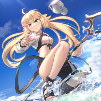 1girl ahoge artoria_caster_(fate) artoria_caster_(swimsuit_berserker)_(first_ascension)_(fate) artoria_pendragon_(fate) asymmetrical_clothes black_pants blonde_hair blue_sky breasts cleavage commentary_request cropped_jacket fate/grand_order fate_(series) floating_hair green_eyes hat highres holding holding_weapon jacket long_hair open_mouth outdoors pants revision sandals shoori_(migiha) single_pantsleg sky small_breasts smile solo swimsuit toes twintails unworn_hat unworn_headwear very_long_hair water weapon white_hat white_jacket