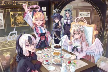 Rule 34 | 5girls, ^ ^, arm up, black dress, black gloves, black hair, black necktie, black skirt, blonde hair, blue archive, blue necktie, breasts, brown hair, closed eyes, closed mouth, commentary request, crossed arms, cup, double bun, dragon print, dress, eyewear on head, feathered wings, flower, food, gloves, grey eyes, grey halo, grey jacket, hair between eyes, hair bun, halo, handheld game console, head rest, highres, holding, holding cup, holding handheld game console, hood, hood down, indoors, jacket, kayoko (blue archive), kisaki (blue archive), large breasts, long sleeves, macaron, medium breasts, mina (blue archive), momoi (blue archive), multicolored hair, multiple girls, nagisa (blue archive), natie, necktie, nintendo switch, open mouth, parted lips, pink halo, plate, red eyes, red flower, shirt, single bare shoulder, single off shoulder, sitting, skirt, standing, tiered tray, twintails, two-tone hair, white hair, white shirt, white wings, wings, yellow flower