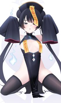 1girl :o absurdres alternate_costume bare_shoulders black_dress black_eyes black_hair black_hat black_sleeves black_thighhighs blue_archive blush braid braided_bun breast_cutout breasts china_dress chinese_clothes cleft_of_venus clothing_cutout commentary cosplay detached_sleeves diamond_cutout dot_nose double_bun dress english_commentary full_body grey_halo hair_bun half-closed_eyes halo hands_up hat highres hitodama jiangshi jiangshi_costume kisaki_(blue_archive) loli long_hair long_sleeves looking_at_viewer navel navel_cutout no_shoes ofuda ofuda_on_head ofuda_on_nipples open_mouth pasties pelvic_curtain sitting sleeves_past_fingers sleeves_past_wrists small_breasts solo squatting thighhighs twintails variant_set very_long_hair wariza z.taiga