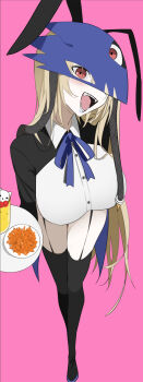 1girl animal_ears beelstarmon black_thighhighs blonde_hair blue_ribbon breasts collared_shirt commentary_request cup digimon digimon_(creature) fake_animal_ears fangs food garter_straps highres holding holding_tray large_breasts leaning_forward long_hair long_sleeves mask open_mouth pink_background pink_eyes plate rabbit_ears ribbon shirt simple_background smile solo standing thighhighs third_eye tongue tray yotsumoto_yuu