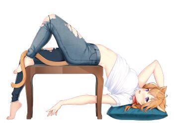 1girl absurdres alternate_costume animal_ears barefoot belly blush braid breasts cat_ears cat_girl choker collar commission commissioner_upload denim facepaint facial_mark fang fire_emblem fire_emblem:_path_of_radiance fire_emblem:_radiant_dawn highres jeans large_variant_set looking_at_viewer lying lyre_(fire_emblem) medium_breasts messy_hair nabunabu navel nintendo open_mouth orange_hair orange_tail pants pillow pink_choker pink_collar purple_eyes shirt solo stomach t-shirt thick_thighs thighs torn_clothes torn_jeans torn_pants variant_set whisker_markings white_background white_shirt