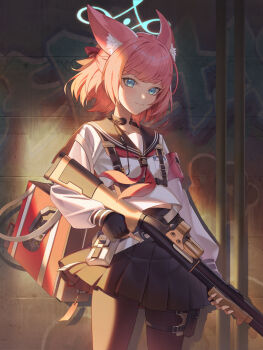 1girl absurdres animal_ear_fluff animal_ears atokani bag black_gloves black_pantyhose black_sailor_collar black_skirt blue_archive blue_eyes blue_halo blunt_bangs closed_mouth commentary cowboy_shot eyelashes fighting_stance fingerless_gloves floating_hair fox_ears fox_girl gloves gun hair_ribbon half_updo halo highres holding holding_gun holding_weapon long_sleeves looking_at_viewer medium_hair miniskirt neckerchief niko_(blue_archive) pantyhose pink_hair pleated_skirt ponytail red_neckerchief red_ribbon ribbon sailor_collar school_uniform serafuku shirt short_ponytail shoulder_bag sidelighting skirt smile solo tactical_school_uniform thigh_strap weapon white_shirt