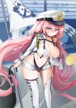 1girl asymmetrical_legwear azur_lane baltimore_(azur_lane) baltimore_(azur_lane)_(cosplay) baltimore_(finish_line_flagbearer)_(azur_lane) bikini breast_slip breasts bursting_breasts choker cleavage commentary_request cosplay flag hat highleg highres jacket large_breasts long_hair long_sleeves manjuu_(azur_lane) navel nipples one_breast_out outdoors peaked_cap perseus_(azur_lane) pink_eyes pink_hair race_flag race_queen shorts strap_break swimsuit taisanai thighhighs twintails unused_tire very_long_hair wardrobe_malfunction white_thighhighs