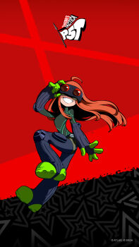 Rule 34 | 1girl, adjusting goggles, ahoge, atlus, belt, black background, black bodysuit, black gloves, bodysuit, commentary, copyright name, elbow gloves, english commentary, floating hair, full body, gloves, goggles, goggles on head, green gloves, green shoes, green trim, highres, knee pads, long hair, multicolored gloves, official art, oracle (persona 5), orange hair, oribe hanako, persona, persona 5, persona 5 tactica, red background, sakura futaba, second-party source, shoes, smile, solo, star (symbol), star symbol background, teeth