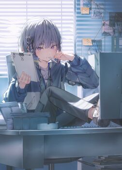 Rule 34 | 1girl, ashtray, backlighting, black pants, blue jacket, chair, cigarette, computer keyboard, desk, detective, evidence board, feet on table, grey hair, hair ornament, highres, holding, holding notepad, indoors, jacket, medium hair, multicolored hair, notepad, office, office chair, on chair, original, pants, pink streaks, purple eyes, ruda (ruda e), shoes, sitting, solo, streaked hair, swivel chair, unlit cigarette in mouth, white shoes, window blinds