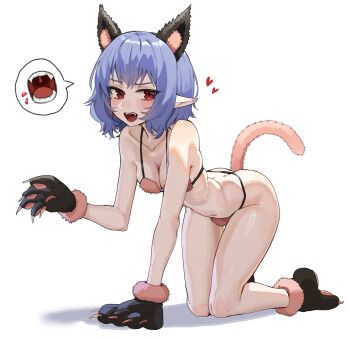 1girl all_fours animal_ear_fluff animal_ears animal_hands bikini blue_hair blush breasts cat_ears cat_tail claws cleavage collarbone extra_ears fangs fur_bikini gloves goback heart highres kemonomimi_mode looking_at_viewer medium_breasts navel open_mouth paw_gloves paw_shoes pink_bikini pointy_ears red_eyes remilia_scarlet short_hair solo spoken_object swimsuit tail touhou white_background