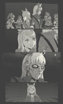 6+girls aiguillette animal_ears armor ascot blunt_bangs bow breasts clothing_cutout commentary corset cosplay crown dress ear_bow ear_ornament ear_piercing ear_ribbon ears_through_headwear english_commentary epaulettes gold_ship_(umamusume) greyscale hair_between_eyes hair_ornament hairclip hat highres holding_another&#039;s_arm horse_ears horse_girl horse_tail jacket leather leather_jacket long_hair long_sleeves looking_at_another matikanetannhauser_(panpaka_tiltott)_(umamusume) matikanetannhauser_(umamusume) medium_hair mejiro_mcqueen_(umamusume) michael_jackson michael_jackson_(cosplay) mini_crown monochrome moon multicolored_hair multiple_girls newsboy_cap night night_sky open_clothes open_jacket open_mouth pantyhose piercing pillbox_hat ponytail scene_reference shirt short_hair shoulder_armor shoulder_cutout side_cape single_epaulette skirt sky streaked_hair symboli_rudolf_(emperor&#039;s_path)_(umamusume) symboli_rudolf_(umamusume) t.m._opera_o_(o_sole_suo!)_(umamusume) t.m._opera_o_(umamusume) tail thriller_(michael_jackson) tilted_headwear tokai_teio_(peak_joy)_(umamusume) tokai_teio_(umamusume) two-tone_hair two-tone_skirt tyrone umamusume zombie