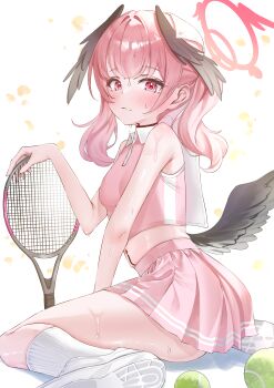 1girl absurdres alternate_costume black_wings blue_archive blush breasts closed_mouth commentary_request feathered_wings from_side halo head_wings highres holding holding_tennis_racket kneehighs koharu_(blue_archive) long_hair low_wings miniskirt navel pink_hair pink_halo pink_shirt pink_skirt pleated_skirt racket red_eyes shirt shoes sidelocks skirt sleeveless sleeveless_shirt small_breasts socks solo stomach sweat tennis_racket twintails wfa5051 white_shoes white_socks wings