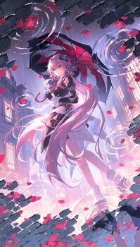 1girl absurdres black_boots black_gloves black_umbrella boots closed_mouth different_reflection earrings evernight_(honkai:_star_rail) floating_hair full_body gloves hair_between_eyes hair_ornament highres holding holding_umbrella honkai:_star_rail honkai_(series) jewelry long_hair long_sleeves looking_at_viewer march_7th_(honkai:_star_rail) march_7th_(preservation)_(honkai:_star_rail) official_alternate_costume official_alternate_eye_color official_alternate_hair_length official_alternate_hairstyle outdoors polora rain red_eyes reflection second-party_source single_earring smile standing umbrella very_long_hair water_drop