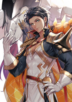 1boy black_tunic brown_hair cape claude_von_riegan claude_von_riegan_(almyra's_king)_(resplendent) claude_von_riegan_(timeskip) commentary_request dark-skinned_male dark_skin epaulettes fire_emblem fire_emblem:_three_houses fire_emblem_heroes green_eyes nintendo official_alternate_costume pectoral_cleavage pectorals saku_(soreca49) single_epaulette solo tunic white_cape white_tunic yellow_cape