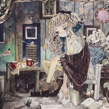 Rule 34 | 1girl, acrylic paint (medium), bare legs, blonde hair, blue ribbon, blush, book, bow, cake, candle, chair, commentary request, cup, curly hair, detached sleeves, dress, egg, floating spoon, flower, food, green eyes, hair bow, hair ribbon, highres, holding, holding book, indoors, karintoun, long hair, open mouth, original, painting (medium), painting (object), parted bangs, plant, plate, potted plant, ribbon, shawl, shoes, sitting, socks, spoon, striped clothes, striped socks, table, tea, tears, traditional media, watercolor (medium), wavy hair