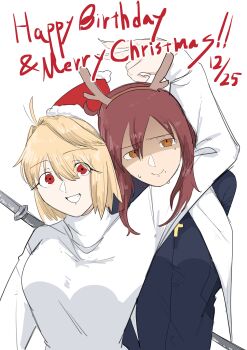 2girls absurdres ahoge antlers arcueid_brunestud blonde_hair blush breasts brown_eyes brown_hair cross cross_necklace hair_between_eyes hair_intakes happy_birthday hat highres horns jewelry merry_christmas mole mole_under_mouth multiple_girls necklace noel_(tsukihime) nun partially_shaded_face polearm red_eyes reindeer_antlers santa_hat short_hair smile sukology_28 sweat sweater tsukihime tsukihime_(remake) tunic turtleneck turtleneck_sweater v weapon white_sweater wing_collar