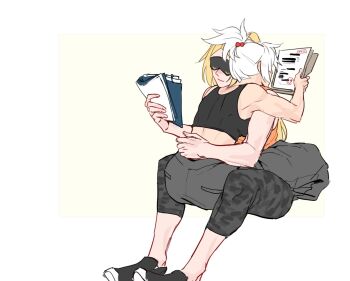 2girls blindfold blonde_hair closed_mouth commentary english_commentary full_body hair_between_eyes highres hug long_hair lycanheiress multiple_girls pants ponytail reading sidelocks sitting smile soldier_11_(zenless_zone_zero) trigger_(zenless_zone_zero) white_hair yuri zenless_zone_zero