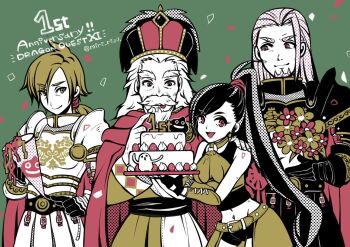 1girl 3boys anniversary armor beard birthday_cake black_armor black_gloves black_hair black_shorts blonde_hair bouquet cake carnelian_(dq11) closed_mouth commentary_request copyright_name crop_top dragon_quest dragon_quest_xi facial_hair father_and_daughter fingerless_gloves flower food gloves green_background green_shirt green_skirt greig_(dq11) grey_hair hair_between_eyes highres holding holding_bouquet homeros_(dq11) long_hair low_ponytail martina_(dq11) midriff miri_(mirik) multiple_boys navel o-ring o-ring_top open_mouth party_popper pauldrons ponytail red_eyes shirt short_shorts shorts shoulder_armor showgirl_skirt skirt smile white_armor white_hair
