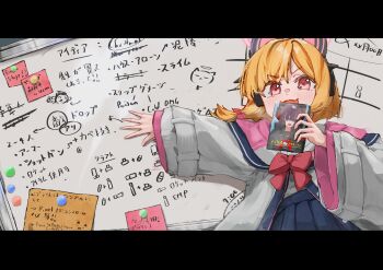 1girl :d absurdres animal_ear_headphones animal_ears black_skirt blonde_hair blue_archive bow bowtie cat_ear_headphones cat_ears commentary_request fake_animal_ears headphones highres holding jacket justice_task_force_member_(blue_archive) long_hair long_sleeves minibi_(minibeat) momoi_(blue_archive) open_mouth pink_eyes pleated_skirt red_bow red_bowtie skirt smile solo sticky_note translation_request twintails v-shaped_eyebrows white_jacket whiteboard wide_sleeves