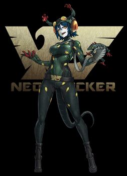 Rule 34 | 1girl, animal, belt, belt buckle, black background, black belt, black boots, blue hair, bodysuit, boots, buckle, colored skin, commentary, eidenjyou1997, emblem, english commentary, eyeliner, fangs, full body, gecko, genderswap, genderswap (mtf), green bodysuit, helmet, highres, holding, holding animal, kamen rider, looking at viewer, makeup, mechanical hands, mechanical tail, medium hair, monster girl, neo kamen rider, open mouth, red eyeliner, reptile girl, shocker (kamen rider), simple background, single mechanical hand, solo, standing, tail, teeth, upper teeth only, white skin, yamorijin, yellow eyes