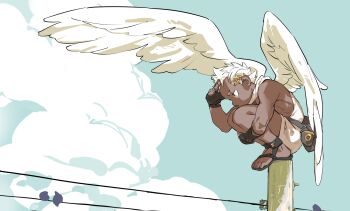 1boy bag bird child cloud dark_skin fingerless_gloves gloves male_focus original outdoors power_lines sandals shirt sleeveless sleeveless_shirt solo white_hair wings yonalt_go