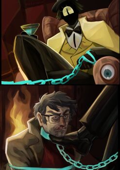 Rule 34 | 2boys, bags under eyes, beard stubble, bill cipher, black eyes, black skin, blood, bloodshot eyes, bound, burning, chain, chain leash, chair, coat, collar, colored sclera, colored skin, commentary, cuffs, english commentary, eye print, facial hair, fire, foot under another's chin, ford pines, glasses, gravity falls, highres, holding, holding leash, jacket, jacket on shoulders, knee up, leash, lounge chair, multiple boys, n0cturnalcm, narrowed eyes, nosebleed, one-eyed, personification, red shirt, serious, shackles, shirt, sitting, slit pupils, stubble, tied up (nonsexual), vest, yellow coat, yellow jacket, yellow sclera, yellow vest