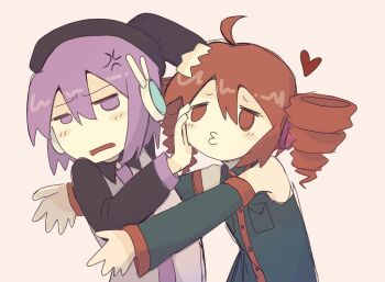 2girls beret black_shirt d3xian_011 detached_sleeves drill_hair hat kasane_teto kasane_teto_(utau) multiple_girls purple_eyes purple_hair red_eyes red_hair rejected_kiss robot_ears shirt sleeveless twin_drills utane_uta utau