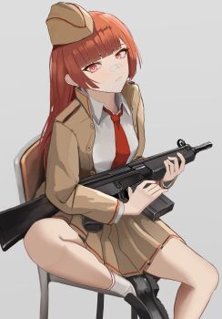 1girl absurdres bandaid bandaid_on_face bandaid_on_nose battle_rifle black_shoes blunt_bangs breasts brown_hat brown_jacket brown_skirt buttons chair closed_mouth collared_shirt commentary english_commentary epaulettes fingernails frown garrison_cap green_eyes gun h&amp;k_g3 hat highres holding holding_weapon jacket klottinen leg_up legs loafers long_hair looking_at_viewer magazine_(weapon) medium_breasts necktie open_clothes open_jacket original pleated_skirt red_necktie rifle shirt shoes simple_background sitting skirt solo thighs unbuttoned weapon white_background white_shirt