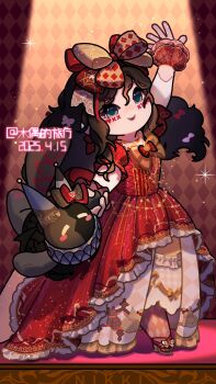 1girl absurdres argyle_background argyle_bow argyle_clothes argyle_dress argyle_pantyhose artist_name beads black_hair blue_eyes bow bowtie brooch chibi closed_mouth commentary crimson_rhapsody_(infinity_nikki) dancing dated dress english_commentary esseling_(infinity_nikki) eyelashes facepaint felispirit_sack_(infinity_nikki) footwear_bow frilled_sleeves frilled_wrist_cuffs frills gloves gown hair_between_eyes hair_bow high_heels highres hime_lolita holding_hands infinity_nikki jewelry lace lace_gloves large_bow layered_dress light_particles lipstick lolita_fashion long_dress long_hair makeup messy_hair multiple_hair_bows necklace nikki_(series) outstretched_arms pantyhose pleated_dress print_dress puffy_short_sleeves puffy_sleeves red_background red_bow red_bowtie red_dress red_lips red_pantyhose red_shoes red_wrist_cuffs shoes short_sleeves smile sparkle spotlight stage standing striped_clothes striped_dress two-tone_bow vertical-striped_clothes vertical-striped_dress very_long_hair white_arm_warmers white_bow white_gloves wrist_cuffs yellow_bow yellow_bowtie yemuzi