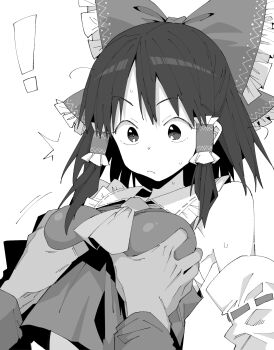 ! 1boy 1girl ^^^ ascot bow breasts closed_mouth commentary_request detached_sleeves frilled_bow frilled_hair_tubes frills grabbing_another's_breast greyscale groping hair_bow hair_tubes hakurei_reimu henyaan_(oreizm) highres medium_breasts monochrome sexual_harassment simple_background solo_focus touhou upper_body white_background