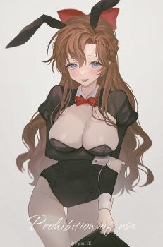 1girl :d animal_ears black_leotard blue_eyes bow bowtie braid breast_hold breasts brown_hair cleavage cowboy_shot embarrassed fake_animal_ears fymrie hair_bow highres juliet_sleeves large_breasts leotard long_hair long_sleeves looking_at_viewer open_mouth original playboy_bunny puffy_sleeves rabbit_ears shrug_(clothing) simple_background smile solo standing strapless strapless_leotard sweatdrop thighs very_long_hair white_background wing_collar wrist_cuffs