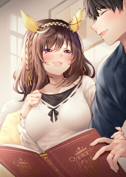 1boy 1girl absurdres animal_ears blue_shirt book braid breasts brown_hair buena_vista_(casual)_(umamusume) buena_vista_(umamusume) checkered_hairband collarbone ear_covers hairband highres holding holding_book horse_ears horse_girl indoors jewelry looking_at_another medium_breasts medium_hair necklace open_mouth red_hayao shirt smile trainer_(umamusume) umamusume white_shirt