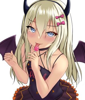 1girl black_dress blonde_hair blue_eyes candy clothes_writing demon_horns demon_wings dress fake_horns fake_wings flat_chest food grecale_(halloween)_(kancolle) grecale_(kancolle) hair_ornament hairclip halloween_costume highres horns kantai_collection lollipop long_hair montemasa simple_background smile solo white_background wings
