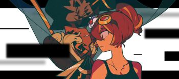 Rule 34 | 2girls, absurdres, alternate hair length (shorter), arms at sides, ascot, bare shoulders, black eyes, black shirt, black tank top, blonde hair, blurry, blurry background, blurry foreground, breasts, brown ascot, brown hair, clenched teeth, collarbone, commentary request, cookie run, cookie run: ovenbreak, croissant cookie, curly hair, dark-skinned female, dark skin, double-parted bangs, dual persona, eyepatch, film grain, from side, goggles, goggles on head, grin, hair between eyes, hair bun, highres, humanization, letterboxed, looking at another, multicolored hair, multiple girls, official alternate costume, official alternate hairstyle, omoyu (nakyu715), one eye covered, orange streaks, outside border, parted lips, profile, rectangle, red-tinted eyewear, round eyewear, shirt, short hair, sidelocks, simple background, single hair bun, small breasts, smile, streaked hair, tank top, teeth, timekeeper cookie, timekeeper cookie (ruler of the ephemeral flow), tinted eyewear, tsurime, turning head, two-tone hair, upside-down, white background, yellow-framed eyewear