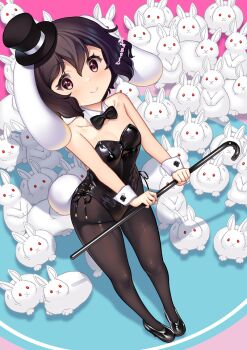 1girl animal_ears black_leotard black_pantyhose breasts cane full_body hat hataraki_kuma inaba_tewi leotard looking_at_viewer lop_rabbit_ears mini_hat mini_top_hat pantyhose playboy_bunny rabbit_ears rabbit_girl rabbit_tail small_breasts smile solo strapless strapless_leotard tail top_hat touhou white_rabbit_(animal)