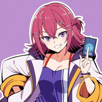 Rule 34 | 1girl, ayu (ddestiny944), bracelet, breasts, camisole, card, cleavage, commentary request, digimon, digimon card game, digimon liberator, highres, holding, holding card, jacket, jewelry, medium breasts, medium hair, multiple bracelets, open clothes, open jacket, pink hair, purple camisole, purple eyes, smile, trading card, upper body, white jacket, yuuki (digimon)