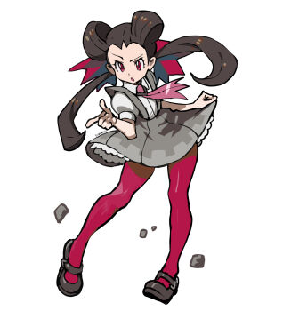 Rule 34 | 1girl, :o, ascot, black shoes, brown hair, clip studio paint (medium), collared shirt, commentary, dress, eudetenis, eyelashes, full body, grey dress, highres, leaning, long hair, nintendo, open mouth, pantyhose, pointing, pokemon, pokemon oras, purple ascot, red eyes, rock, roxanne (pokemon), shirt, shoes, short sleeves, signature, simple background, solo, twintails, white background, white shirt