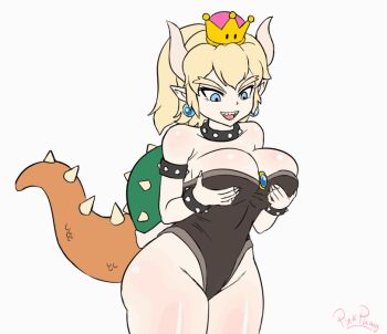 1girl animated animated_gif blonde_hair blue_eyes bouncing_breasts bowsette breasts choker cleavage crown female_focus grabbing_another&#039;s_breast groping highleg highleg_leotard hip_focus horns large_breasts leotard lizard_tail mario_(series) monster_girl new_super_mario_bros._u_deluxe nintendo pinkpawg sharp_teeth shell smile solo super_crown super_mario_bros._1 tail teeth turtle_shell wide_hips