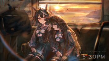 1other 2girls ahoge animal_ears bag bag_charm black_hair bow bowtie braid breasts brown_hair charm_(object) closed_eyes closed_mouth commentary_request double-parted_bangs drawer_bushi_huajia ear_ornament earphones english_text hair_between_eyes half_up_braid highres holding_another's_arm horse_ears horse_girl horse_tail kitasan_black_(umamusume) large_breasts leaning_on_person long_hair long_sleeves mp3_player multicolored_hair multiple_girls pleated_skirt purple_sailor_collar purple_serafuku purple_shirt purple_skirt purple_thighhighs red_eyes sailor_collar sailor_shirt satono_diamond_(umamusume) school_bag school_uniform serafuku shared_earphones shirt short_hair shoulder_bag sitting skirt sky sleeping smile streaked_hair tail thighhighs tracen_school_uniform train_interior umamusume very_long_hair watch white_bow white_bowtie white_hair window wristwatch yuri