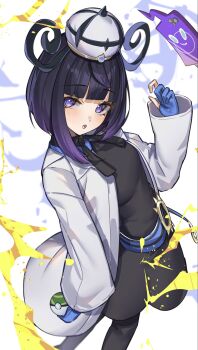 1girl black_dress black_hair black_pantyhose blue_gloves blunt_bangs blush bob_cut breasts coat dress gen_4_pokemon gloves gradient_hair gwynn_(pokemon) hat highres holding holding_poke_ball long_sleeves looking_at_viewer multicolored_hair nest_ball nintendo open_clothes open_coat open_mouth pantyhose partially_fingerless_gloves poke_ball pokemon pokemon_(creature) pokemon_legends:_z-a purple_eyes purple_hair ringozeri rotom rotom_phone short_hair solo_focus white_coat