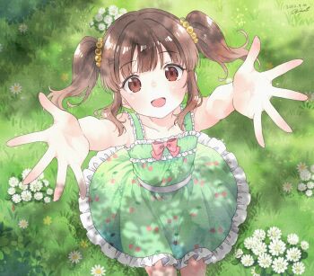 1girl beads bow brown_hair cherry_print chisamikan collarbone commentary_request dappled_sunlight dated day dress flower food_print foreshortening fruit_print grass green_dress hair_beads hair_ornament highres idolmaster idolmaster_cinderella_girls looking_at_viewer ogata_chieri on_ground open_mouth outdoors outstretched_arms pink_bow print_dress reaching reaching_towards_viewer signature sitting sleeveless sleeveless_dress solo sunlight twintails