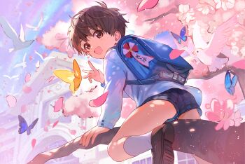 1boy ass_peek backpack bag bird blue_sky brown_eyes brown_hair bug butterfly cherry_blossoms cocolo_(co_co_lo) falling_petals flower from_below hand_up highres in_tree insect jacket knee_up light_blush looking_back male_focus open_mouth original petals pink_flower randoseru school short_hair short_shorts shorts shota sitting sitting_in_tree sky smile solo spring_(season) tree white_jacket