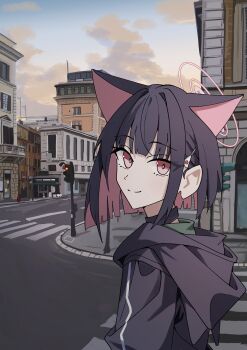 1girl absurdres animal_ears black_choker black_hair black_jacket blue_archive blue_sky building cat_ears cat_girl choker city closed_mouth cloud colored_inner_animal_ears colored_inner_hair crosswalk extra_ears gradient_sky hair_ornament halo highres hood hooded_jacket jacket kazusa_(blue_archive) looking_at_viewer looking_to_the_side multicolored_hair oil_sob pink_hair pink_halo red_eyes road short_hair sidewalk sky smile solo street sunrise traffic_light two-tone_hair urban yellow_sky