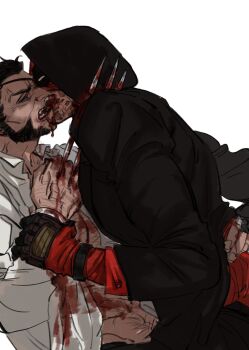 2boys abs beard biting_another's_tongue black_gloves blood blood_from_mouth blood_on_clothes bloody_weapon chest_hair claw_(weapon) clenched_hand deadpool deadpool_&amp;_wolverine deadpool_(series) eyepatch facial_hair gloves hashtag-only_commentary highres hood hood_up impaled jacket kiss long_sleeves male_focus marvel marvel mask_lift mature_male mcbuckwheat multiple_boys muscular muscular_male official_alternate_costume open_clothes open_shirt pants pectorals red_mask scar shirt short_hair stab teeth violence weapon wolverine_(x-men) x-men yaoi